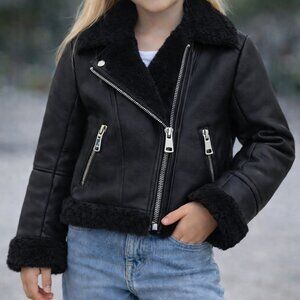 Girls NEXT Black Faux Leather Moto Jacket Sherpa Lined Size 5Y Biker Coat